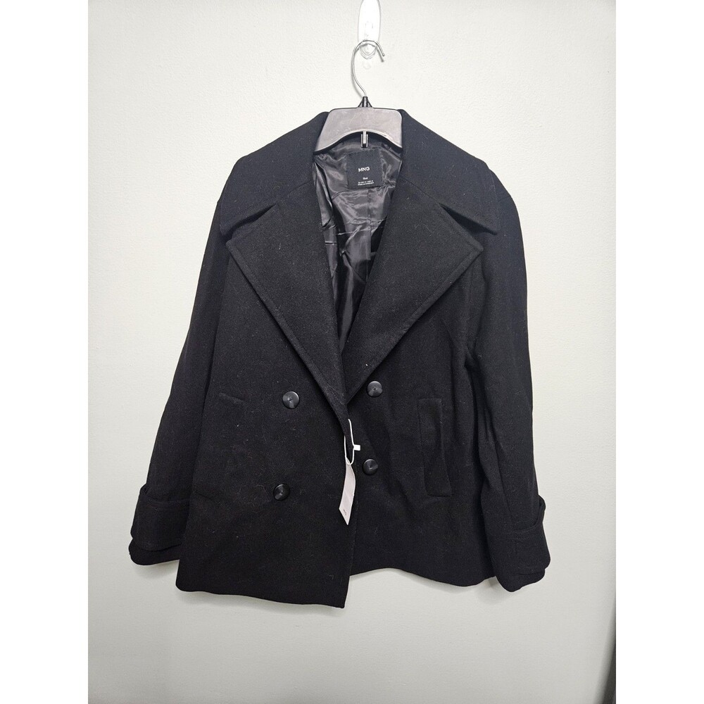 Sz M - MANGO MNG Double Breasted Wool Coat Black Corp Core Natural Fiber